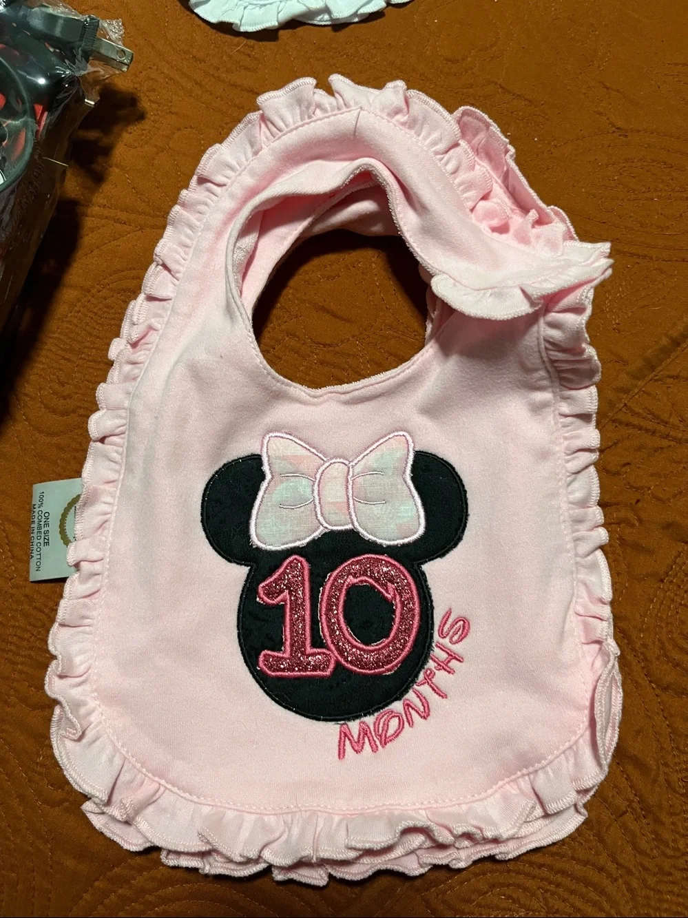 White Baby Bib with Pink Minnie Bow MONTHLY Embroidery